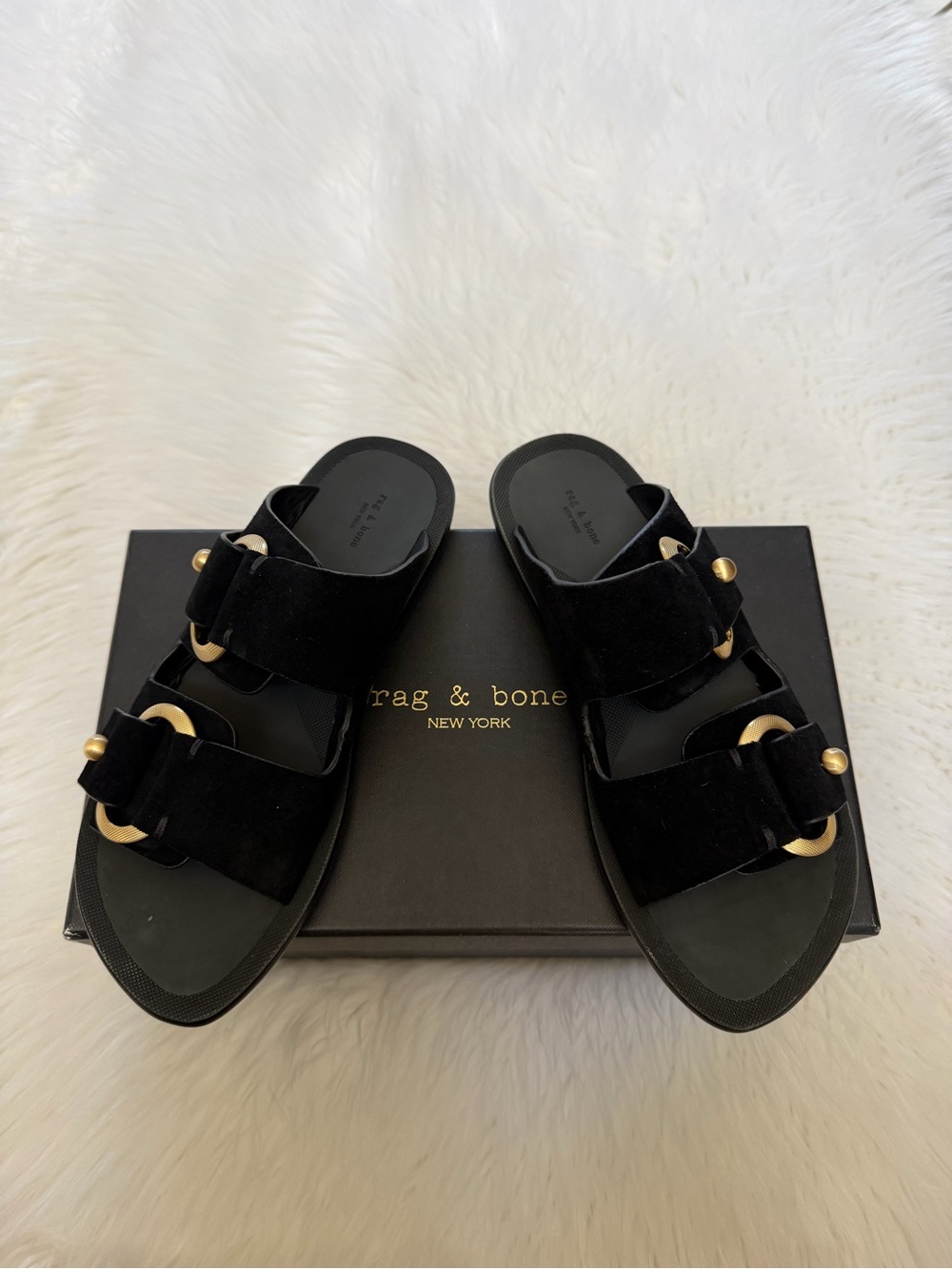 rag & bone Avost Black Suede Double-Buckle Slide Sandals Sz 8